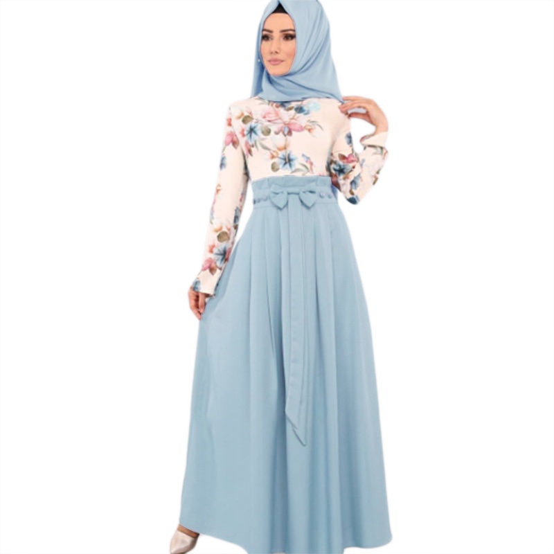Xiangbao Đầm Maxi Dài Tay Thắt Nút Trước Họa Tiết Hoa Tương Phản Phong Cách Ramadan Eid Abaya Dân Tộc Cho Nữ