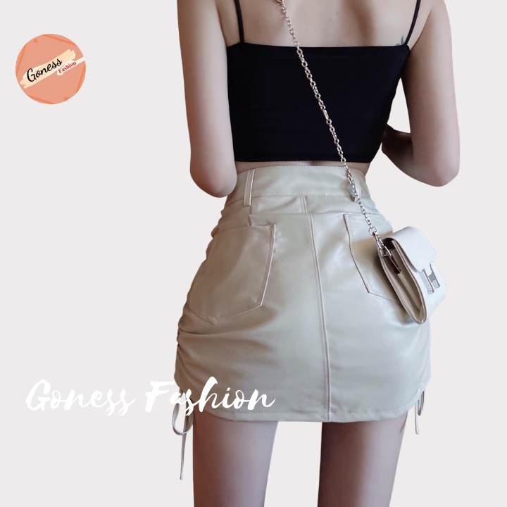 Chân váy Goness kiểu rút dây 2 bên dáng ngắn chất liệu da nữ body nhún hông ulzzang | BigBuy360 - bigbuy360.vn