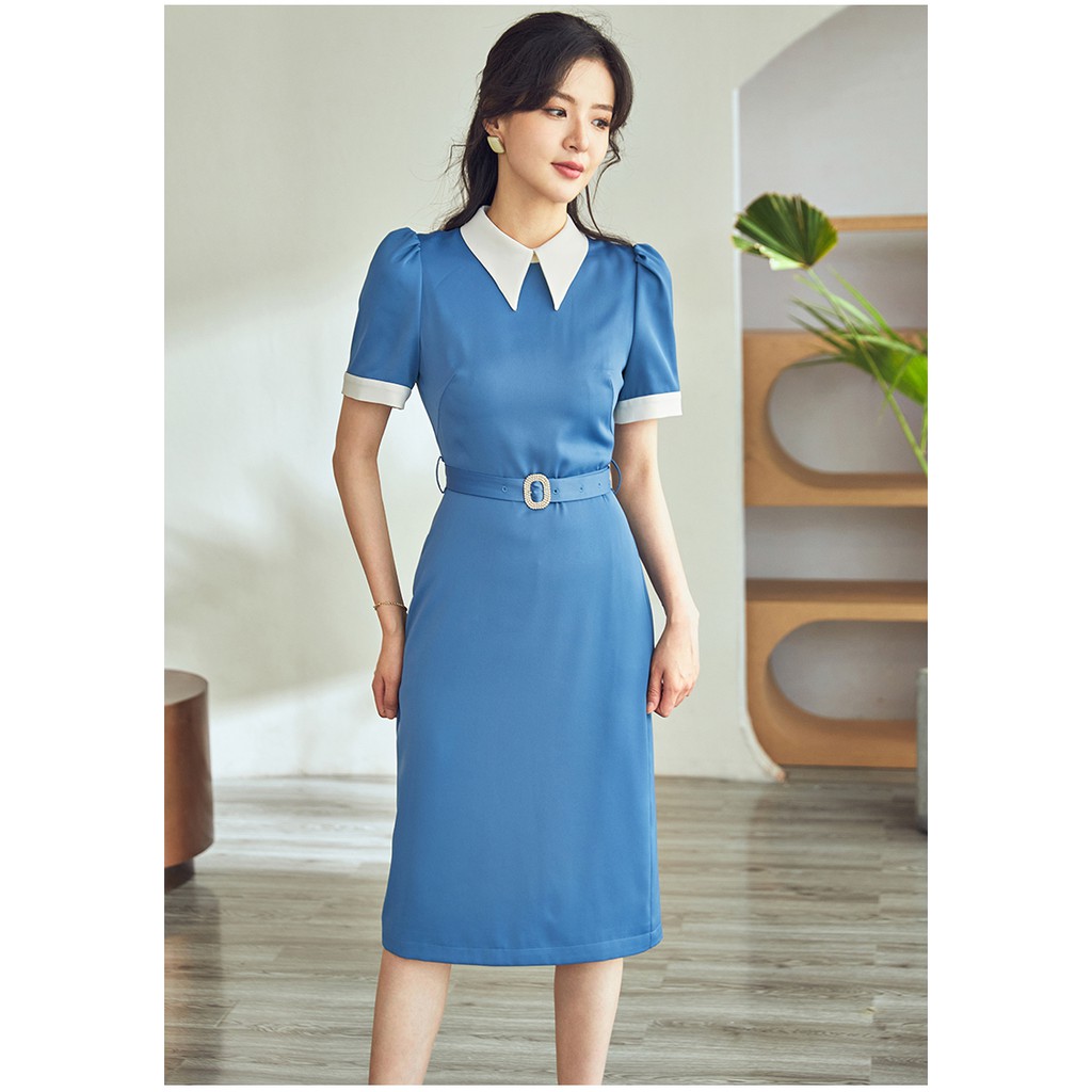 Đầm body bút chì phối cổ sơ mi trắng xanh