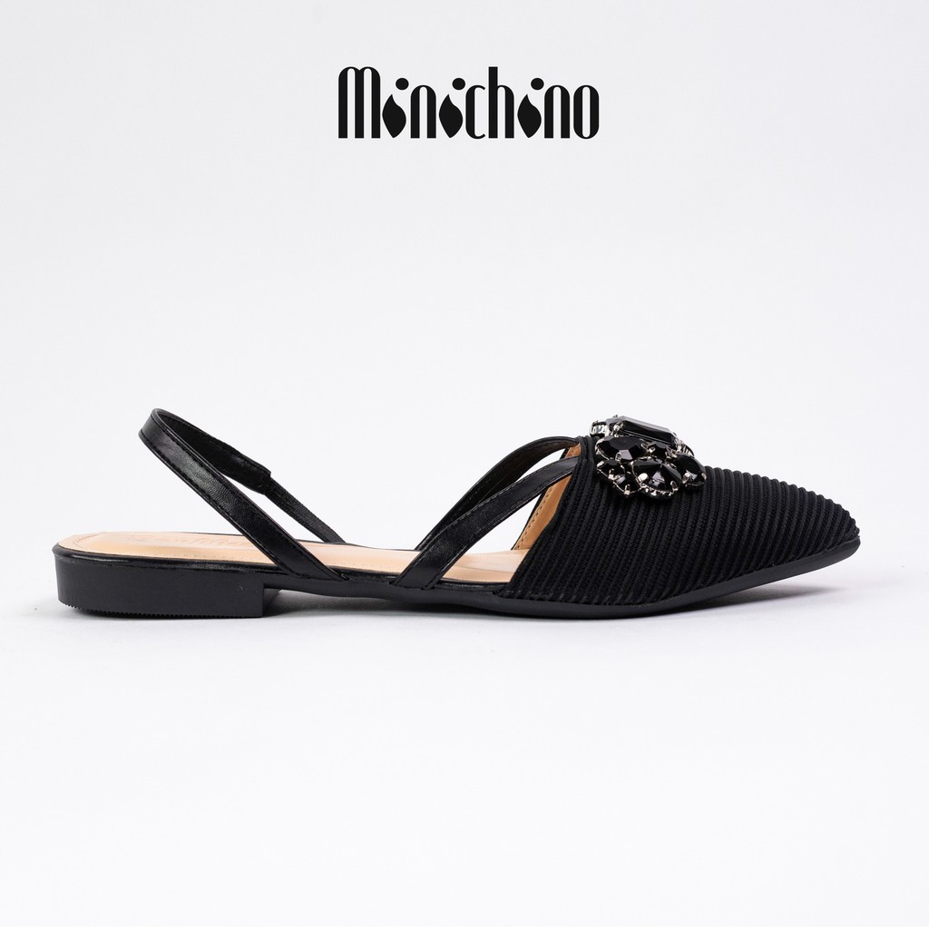 Giày sandal nữ đế bằng MINICHINO giày búp bê nữ khóa đá mũi nhọn hở gót phối dây màu đen TC049