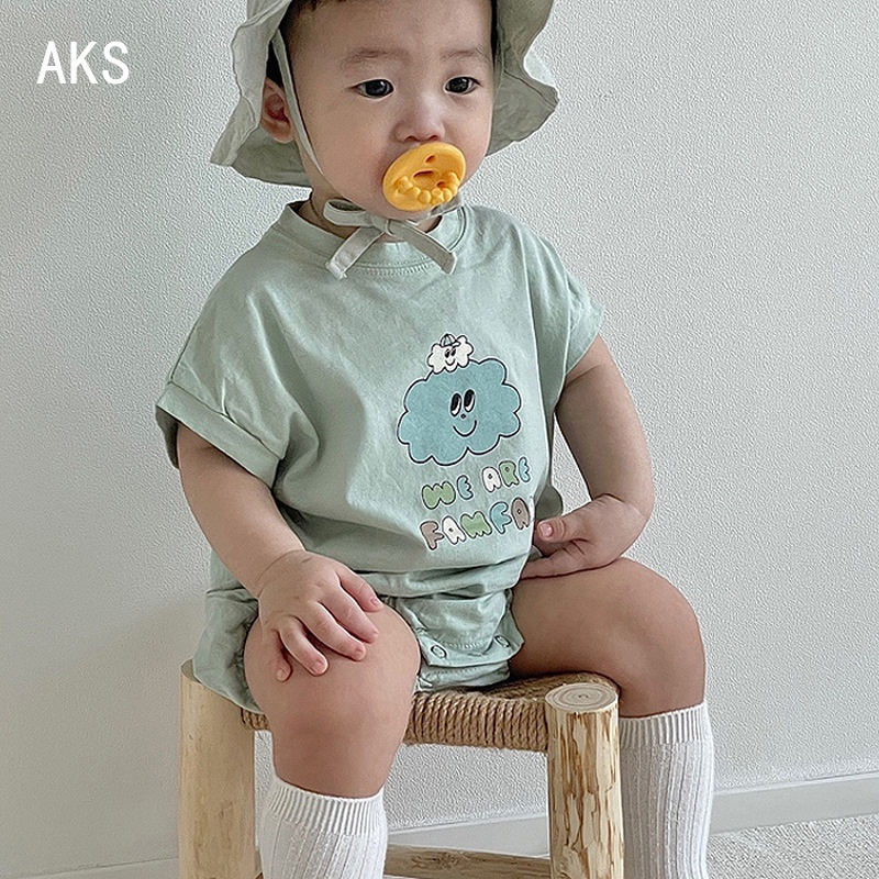 Áo Liền Quần Bằng Cotton Tay Ngắn Cổ Tròn In Hình Dễ Thương Thời Trang Mùa Hè 2022 Dành Cho Bé Trai Gái 0-2 Tuổi