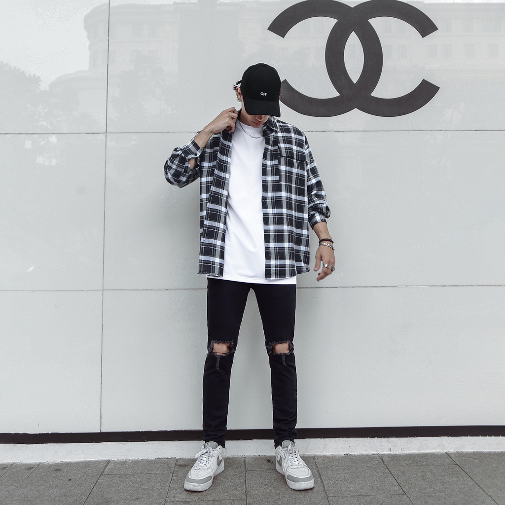 Áo Sơ Mi Flannel Màu Tím Sọc Đen Trắng Form Rộng Thoải Mái Chất Liệu Cotton Thoáng Mát Phong Cách Đường Phố