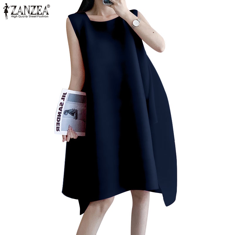 Zanzea Đầm Midi Không Tay Cổ Tròn Màu Trơn Phong Cách Hàn Quốc Thanh Lịch Dành Cho Nữ