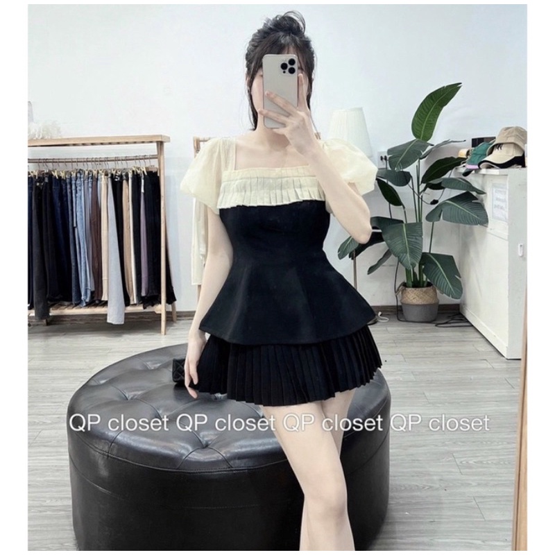 Áo kiểu viền cổ bèo dập ly tay bồng siêu xinh, Áo kiểu tay bồng to dập ly cổ khoá kéo sau