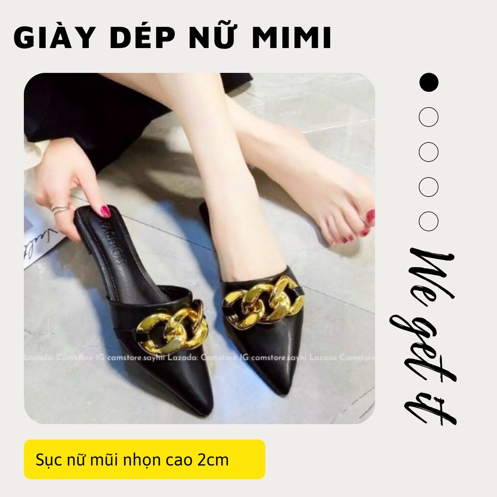 Sục nữ mũi nhọn phối khoá xích kim loại cao 2cm, dép sục nữ da mềm, êm chân MiMi