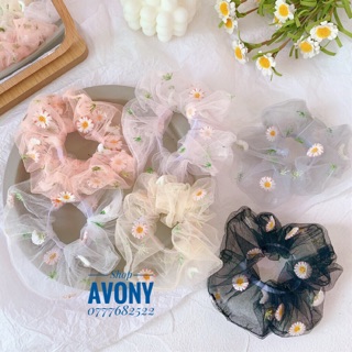 Scrunchies vải lưới thêu hoa cúc và lá