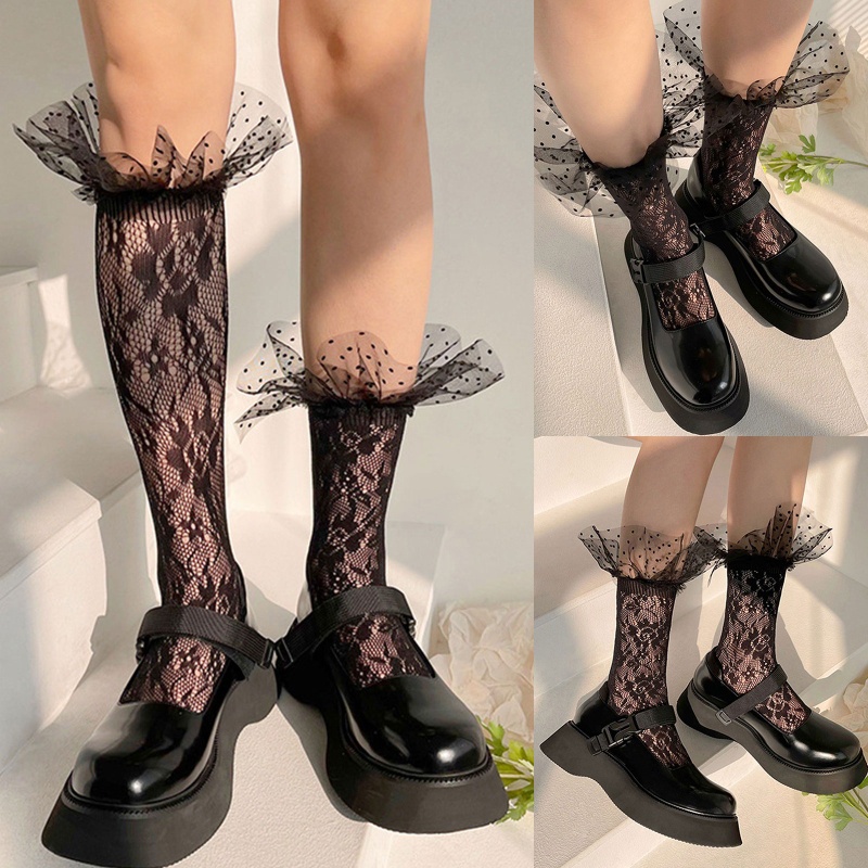 Xiangbao Tất Lưới Xếp Ly Nhún Bèo Phối Ren Hoa Chấm Bi Phong Cách Lolita Cho Nữ