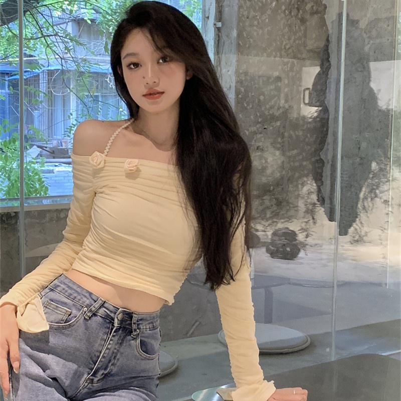 Áo Croptop Tay Dài Thiết Kế Trễ Vai Quyến Rũ