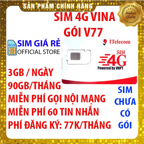 Sim Itelecom mạng sim 4G Vinaphone gói 3GB/ngày (90GB/tháng) + Miễn phí gọi nội mạng Vina 4g