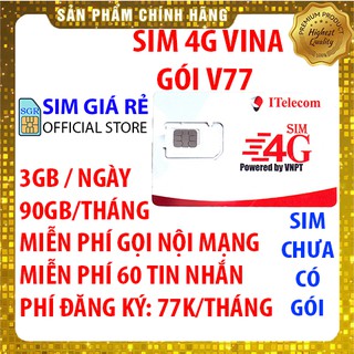 Sim Itelecom mạng sim 4G Vinaphone gói 3GB/ngày (90GB/tháng) + Miễn phí gọi nội mạng Vina 4g