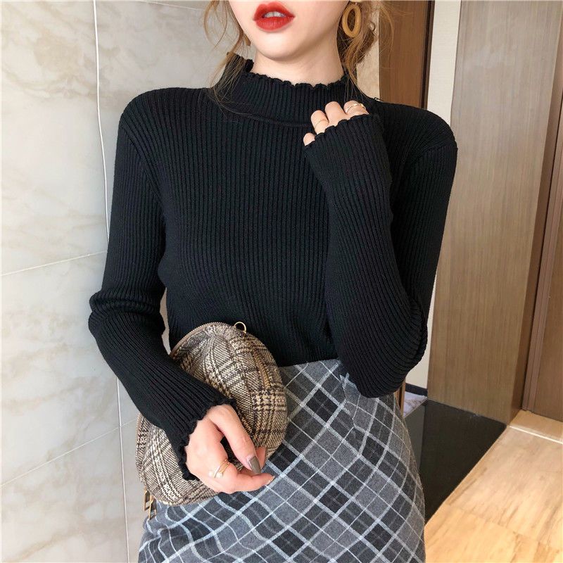 Áo Sweater Tay Dài Cổ Cao Vừa Vặn Màu Đen Thời Trang Thu Đông  Phong Cách Phương Tây