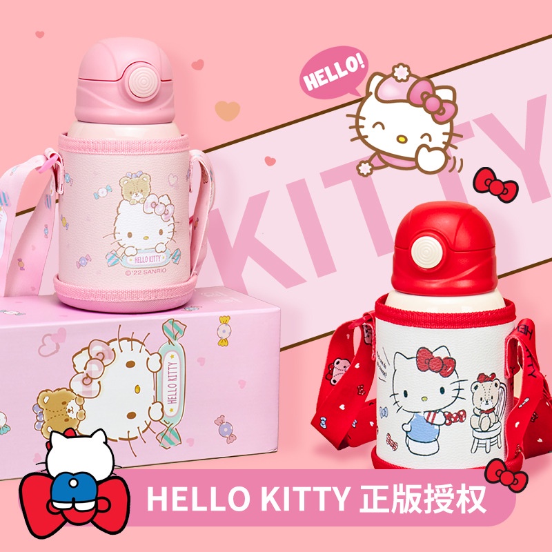 Bình Nước Chân Không 316 Họa Tiết hello Kitty Kèm Ống Hút Cho Bé