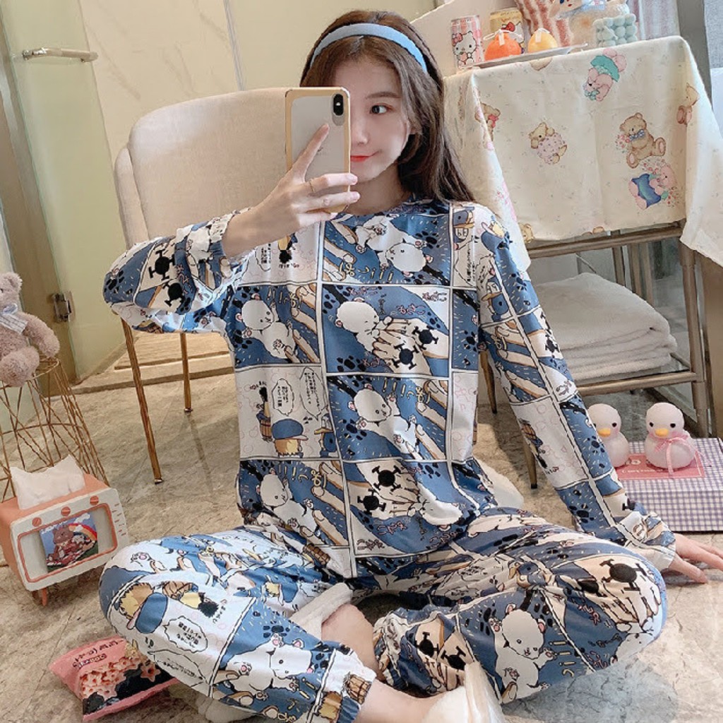 Đồ bộ hoạt hình dễ thương xinh xắn quần dài áo tay dài vải mát dáng rộng thoải mái mặc ngủ mặc nhà dạo phố cho nữ | BigBuy360 - bigbuy360.vn