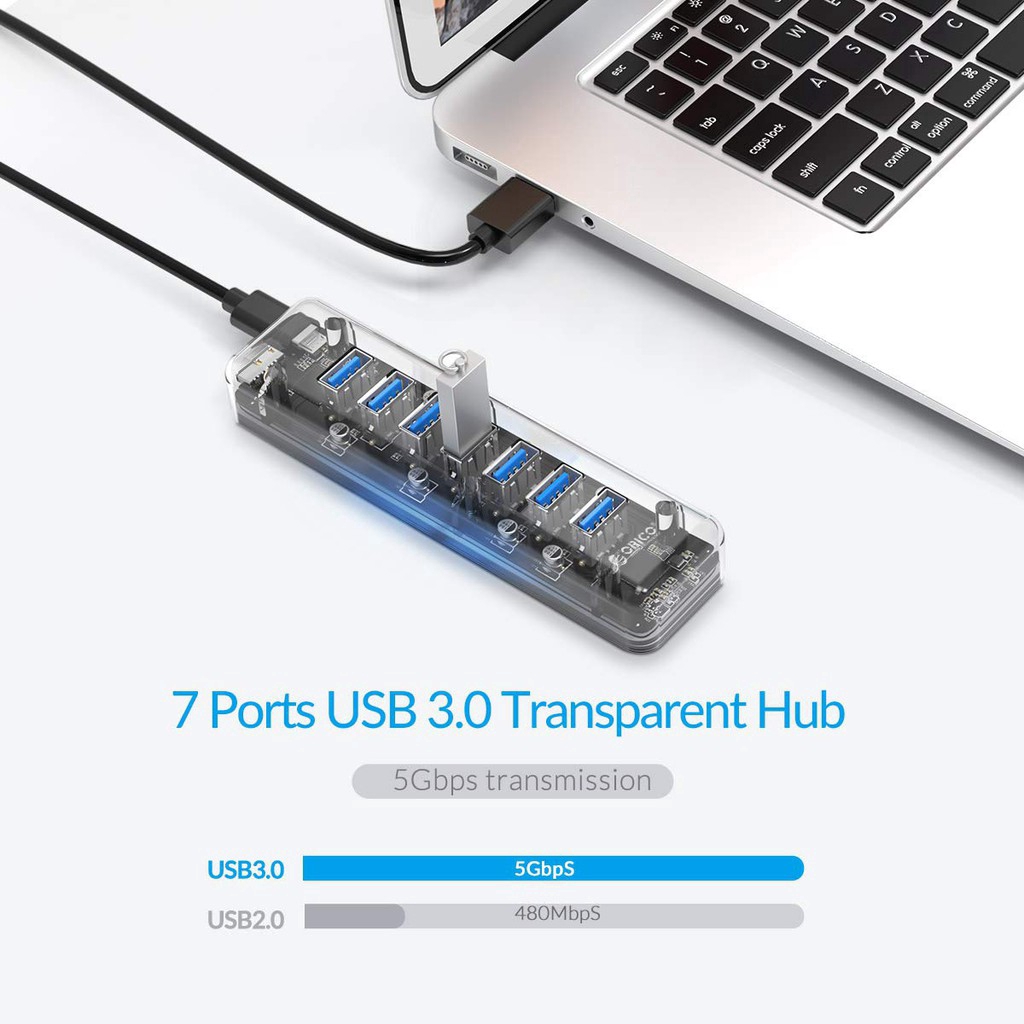 Hub ORICO F7U-U3 7 cổng USB 3.0 vỏ trong suốt công tắc bật/ tắt dành cho máy tính