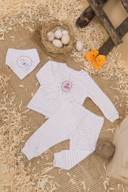 Momma - Bộ cài vai kẻ chất cotton len kèm khăn tam giác 6-24m