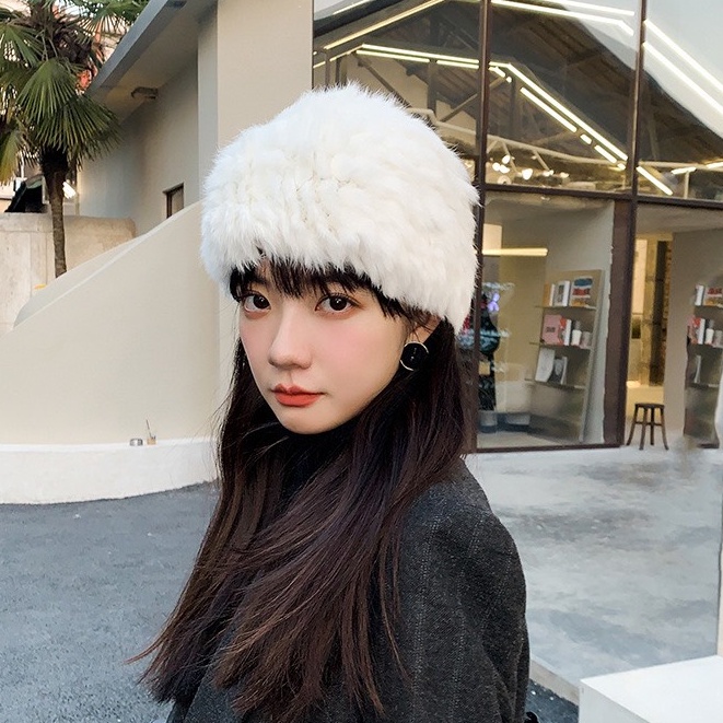 Mũ lông thỏ thời trang KOMI nón len nữ lông thú trùm đầu phong cách hàn quốc