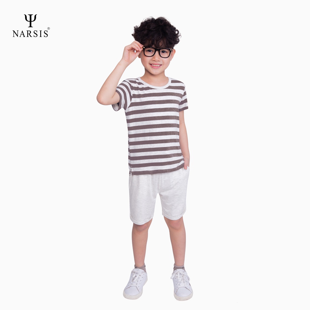 Bộ hè bé trai Narsis KE0003 kẻ trắng ngà vân phối quần da cá