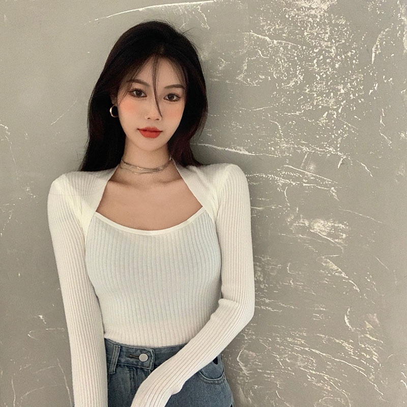 QKOOLE  Áo dệt kim cổ vuông tay dài thời trang retro Hàn Quốc dành cho nữ