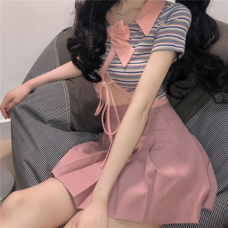 One Set Áo Thun Thắt Nơ Hở Rốn + Chân Váy Xếp Ly 15 Ngày Phong Cách Hàn Quốc Thời Trang Mùa Hè 2021