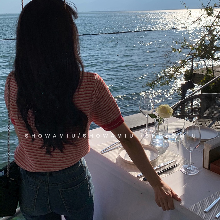 SUXI Áo Thun Ngắn Tay Cổ Tròn Dáng Rộng Họa Tiết Kẻ Sọc Đơn Giản Thời Trang Mùa Hè Cho Nữ