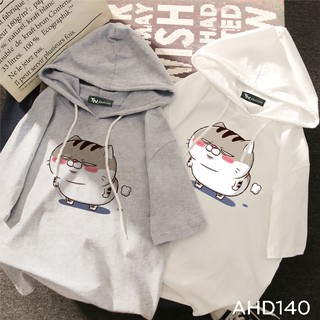 AHD140 Áo thun teen nam nữ HOODIE TAY LỠ CÓ NÓN hình mèo ami
