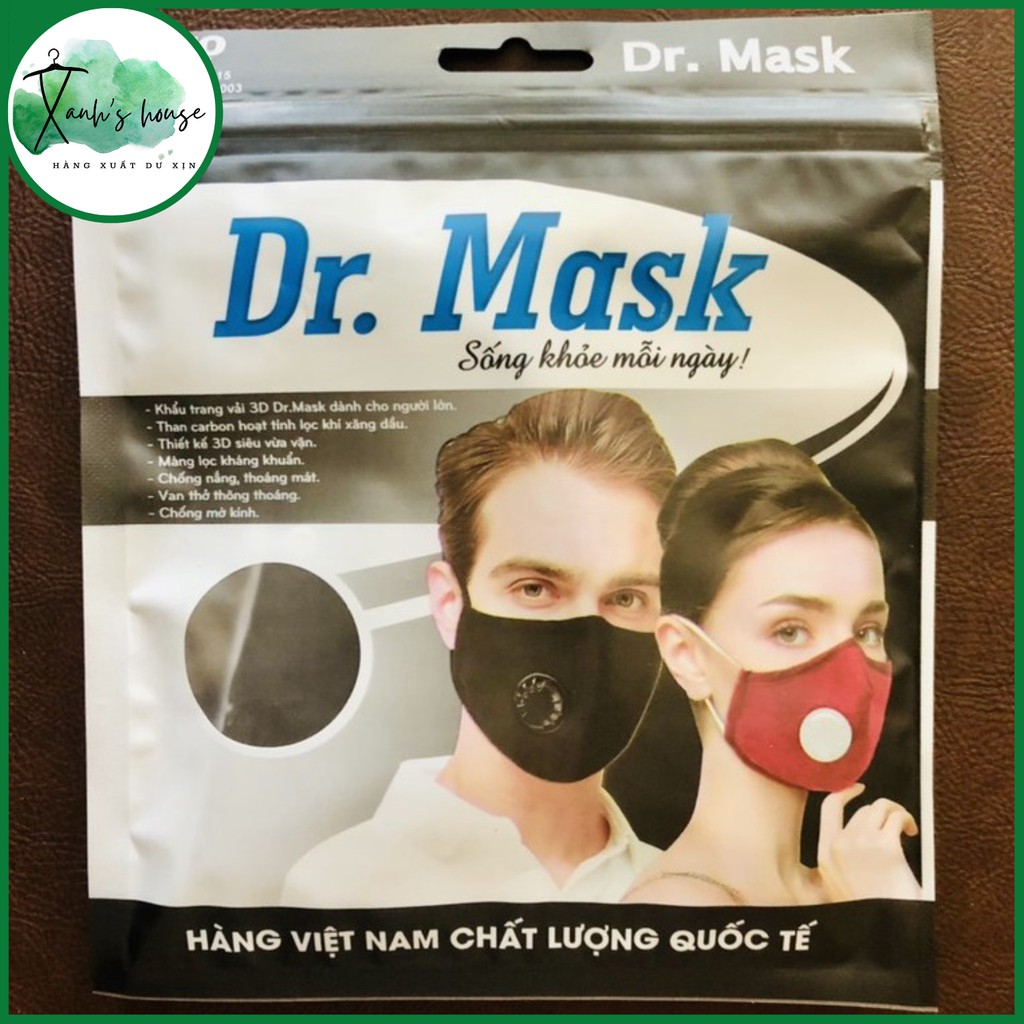 Khẩu trang vải 3D CHÍNH HÃNG DR-MASK  màu đen có van thở và nút điều chỉnh dây mềm mịn thân thiện an toàn XanhHouse