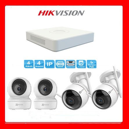 Trọn bộ 4 Camera IP EZVIZ + đầu ghi IP 4 kênh + Ổ cứng 500G Hàng chính hãng