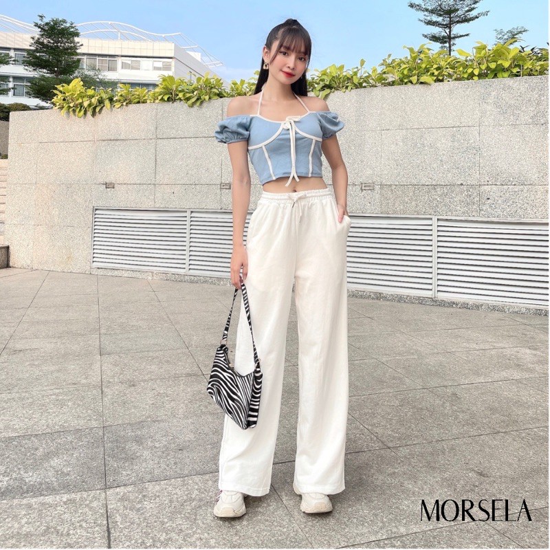 Áo croptop nữ tay phồng cổ yếm viền cách điệu - Áo crop top kiểu nữ - Morsela