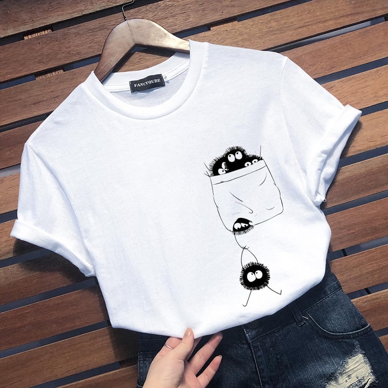 Anime TEE Ghibli Totoro Bụi Thỏ Nữ Thun Bông Tai Kẹp Áo Thun In Họa Tiết Camiseta De Las Mujeres