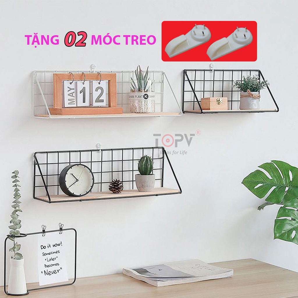Kệ sắt đáy gỗ treo tường TopV khung lưới sơn tĩnh diện gắn tường decor trang trí nhà cửa phòng khách phòng làm việc cafe