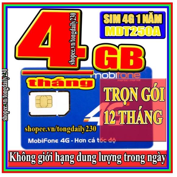 Sim 4G Mobifone trọn gói 1 năm không nạp tiền gói MDT250a , sử dụng trên toàn quốc. Tiết kiệm tối ưu