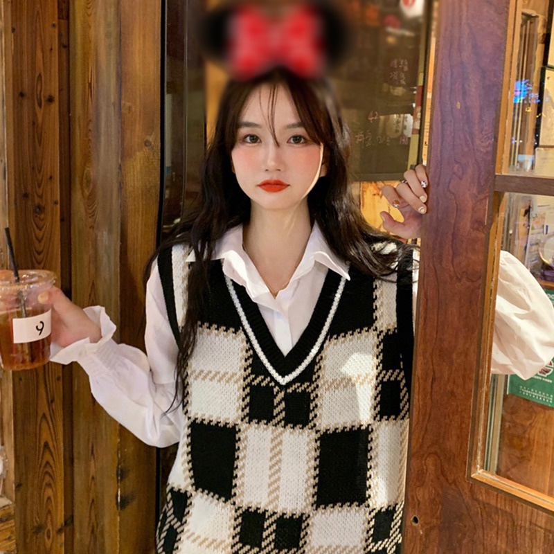 Áo len không tay cổ chữ V họa tiết sọc caro thời trang cho nữ