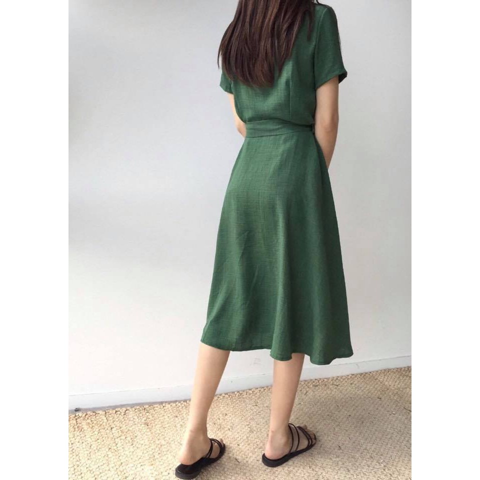 Đầm Nữ Sơ Mi Xanh Rêu Thắt Eo