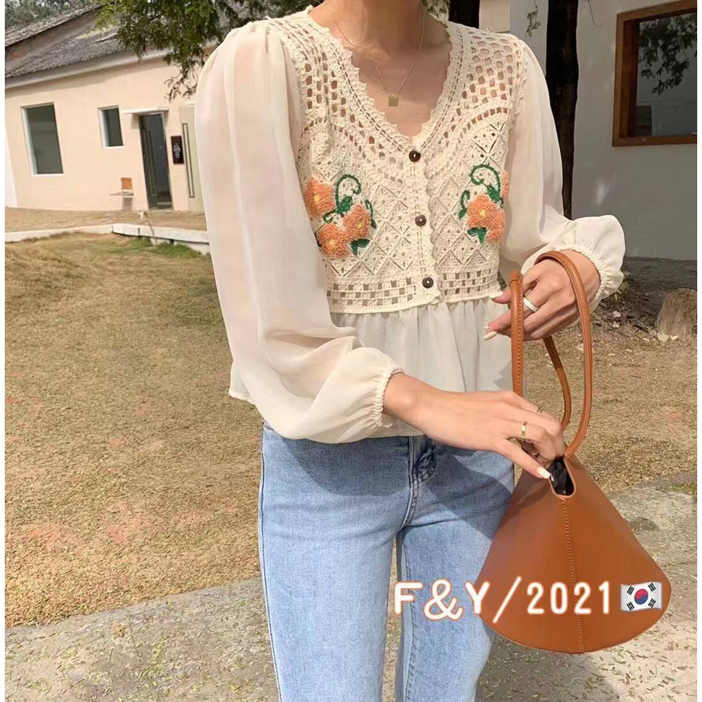 SUXI Áo Sơ Mi Nữ Tay Dài Thêu Hoa Phong Cách Hàn Quốc