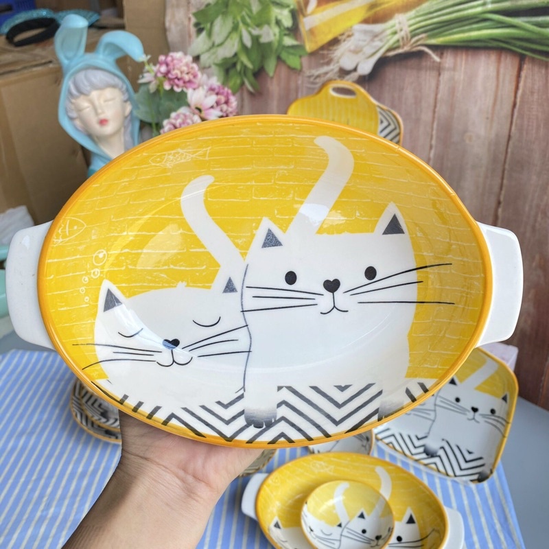 Bát đĩa gốm sứ decor Tổng hợp bộ bát đĩa mèo vàng siêu xinh