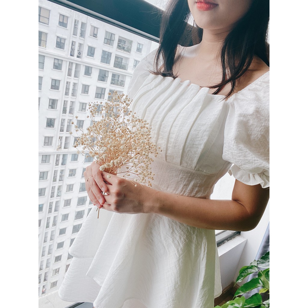 Váy Trắng kiểu váy tiểu thư đũi trơn trắng đi tiệc đi chơi , biển đều hợp kiểu đầm cổ vuông, có đệm ngực