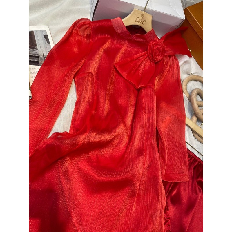 [ HÌNH THẬT ] Áo dài đỏ tay lở vải tơ kèm quần đính hoa