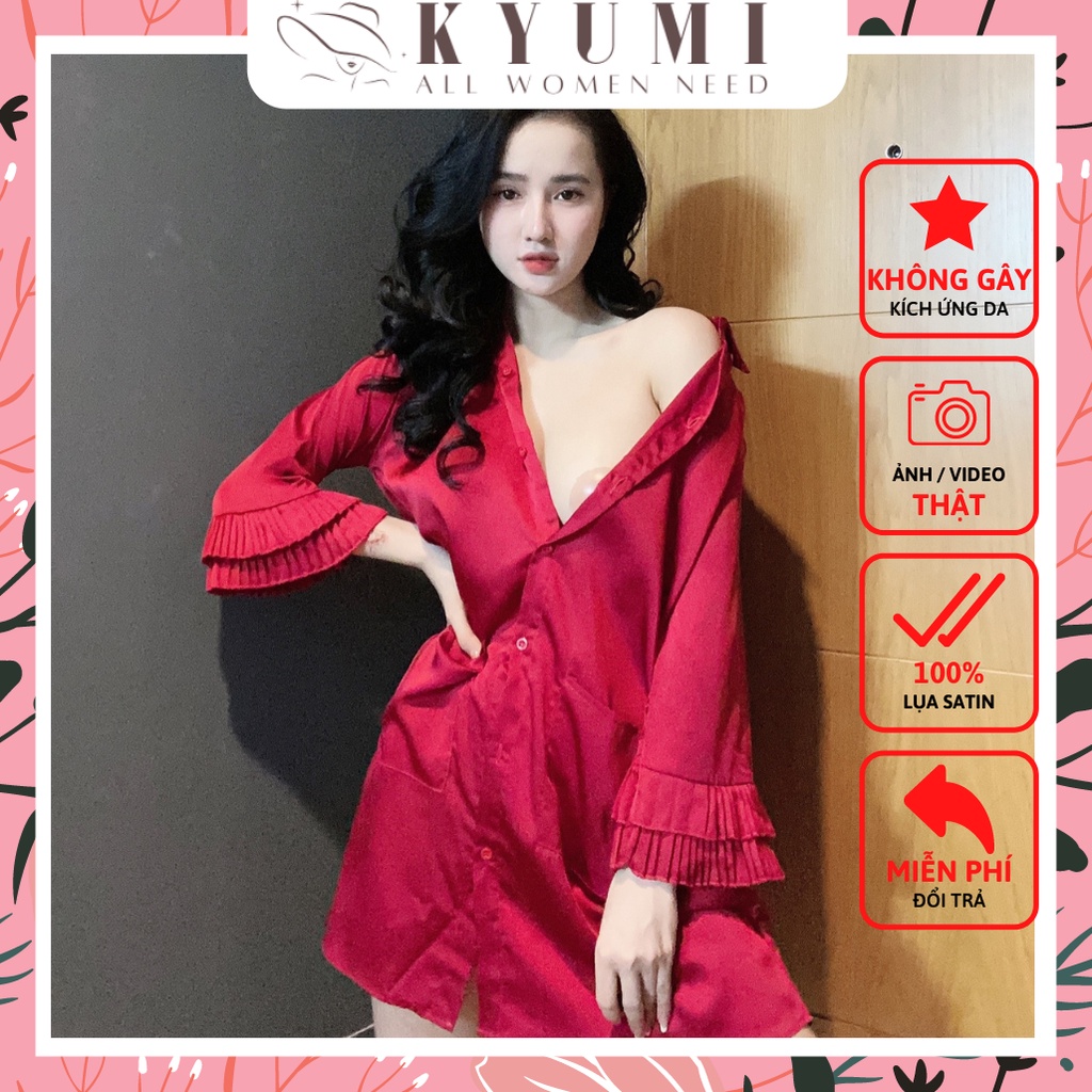 Đồ ngủ sexy đầm ngủ sơ mi gợi cảm, tay phối dập ly KYUMI OFFICIAL chất liệu lụa satin freesize 40-65kg tùy chiều cao 026