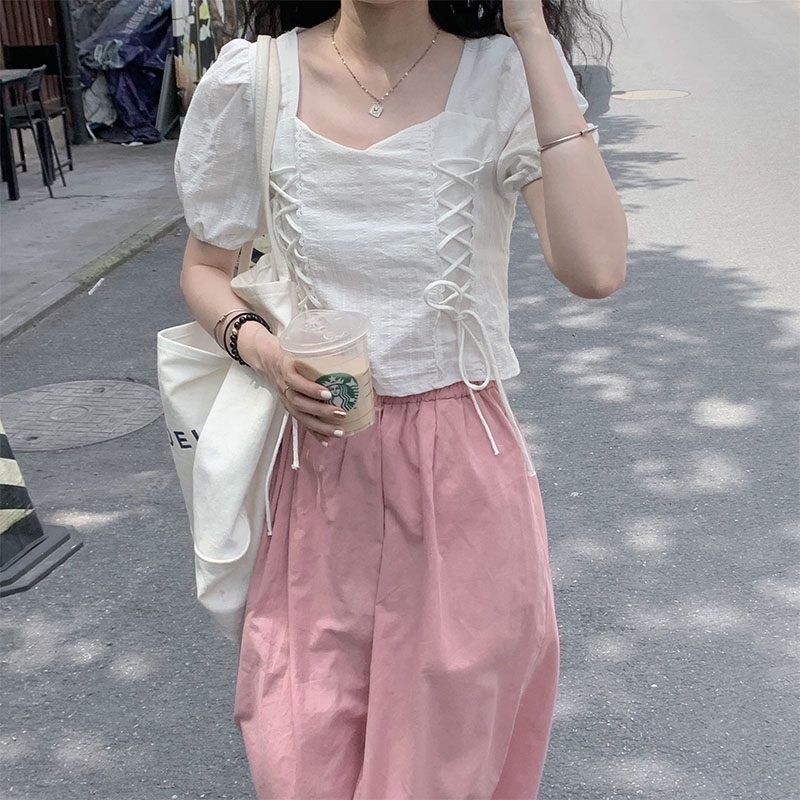 Áo Sơ Mi Trắng Cổ Vuông Tay Phồng Phong Cách Pháp Ngọt Ngào Thời Trang Mùa Hè Cho Nữ