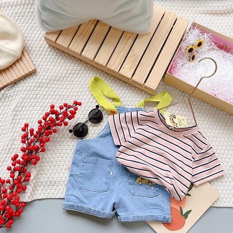 Set áo cotton mềm kẻ sọc kèm yếm bò cho bé trai MINTSCLOSET 1 2 3 4 5 tuổi - YE5026