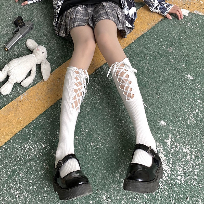 Jiashucheng Vớ Ống Lửng Phối Dây Chéo Màu Trắng Đen Phong Cách Lolita Dễ Thương Thời Trang Xuân Thu Cho Nữ