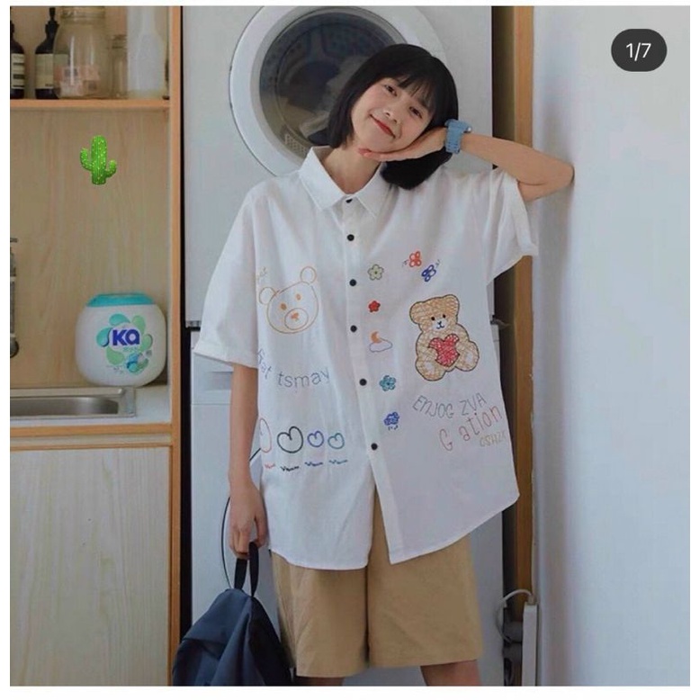 Áo sơ mi nữ form dài rộng thêu hình gấu nổi mặt trước,mặt sau chất kate thoáng mát nhiều màu thời trang hàn