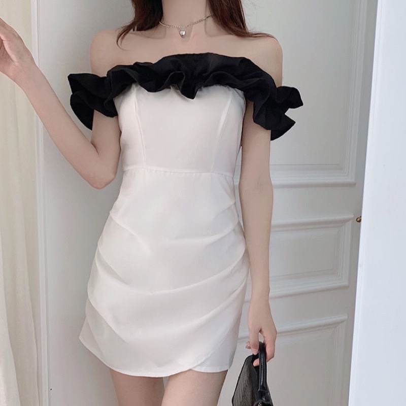 Đầm/Váy trắng trễ vai bèo đen phong cách hàn quốc | BigBuy360 - bigbuy360.vn