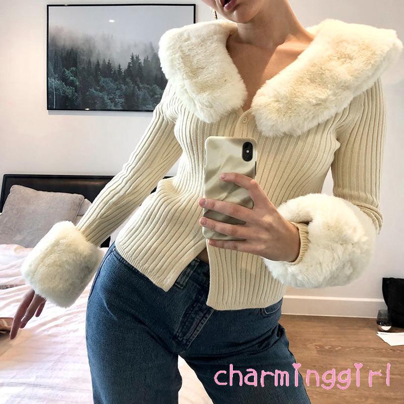 Áo Khoác Cardigan Cổ Chữ V Dáng Ôm Tay Dài Cổ Đính Lông Thú Giả Cài Khuy Thời Trang Thường Ngày Cho Phụ Nữ