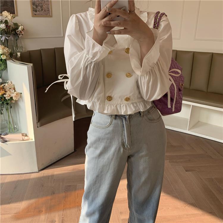 Áo Sơ Mi Tay Chuông Thiết Kế Hai Hàng Nút Cài Phối Ren Dễ Thương Cho Nữ