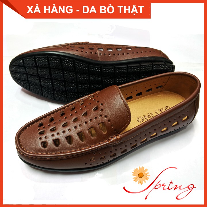 Giày lười da nam đục lỗ đế cao su da thật xuất khẩu VN màu nâu MS LL04