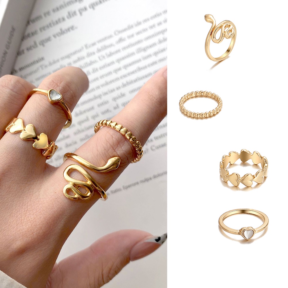 Bộ Nhẫn Đeo Khớp Ngón Tay Họa Tiết Rắn Và Trái Tim Bằng Kim Loại Có Thể Điều Chỉnh Phong Cách Hip Hop Dành Cho Nữ