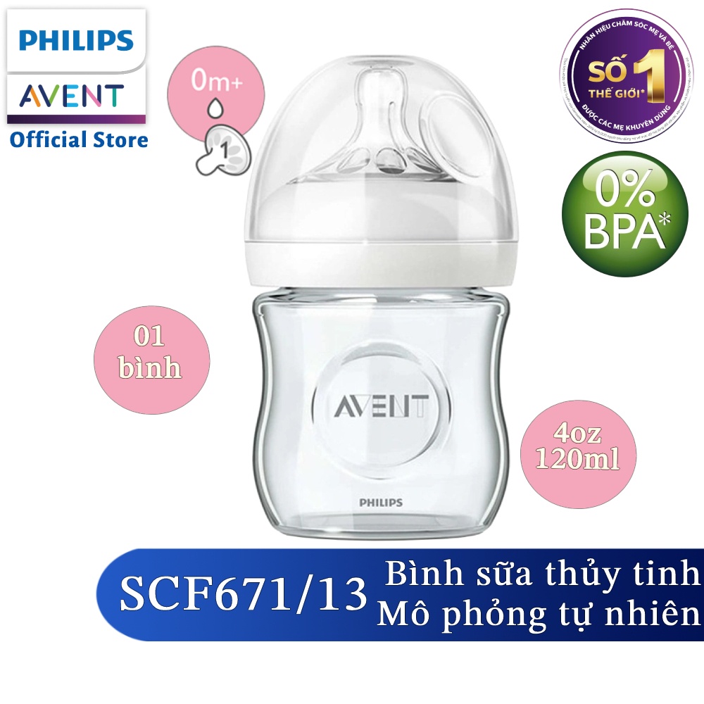 Philips Avent bình sữa thủy tinh mô phỏng tự nhiên 120ml cho bé từ 0 tháng SCF671/13