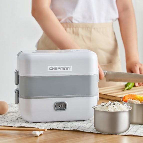 Hộp cơm Chefman cắm điện văn phòng 2 tầng có chức năng giữ nhiệt, hâm đóng và tự nấu chín thức ăn đa năng.BH 12 tháng