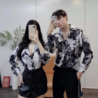 Áo sơ mi nam nữ đôi dài tay cổ bẻ hoạ tiết loang HOT